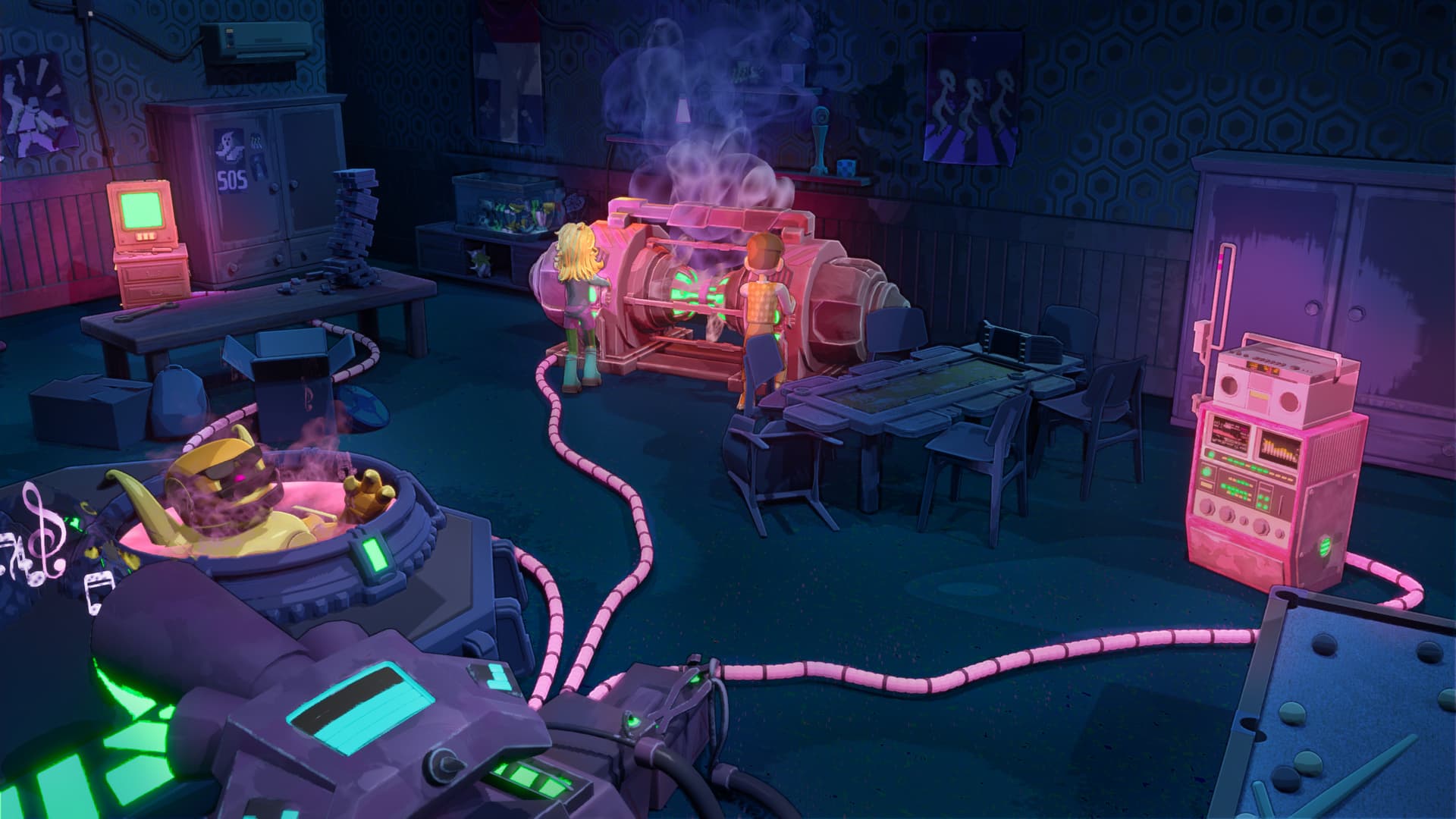 Deux joueurs collaborent pour réparer une machine : on aperçoit un monstre dans son portail à gauche