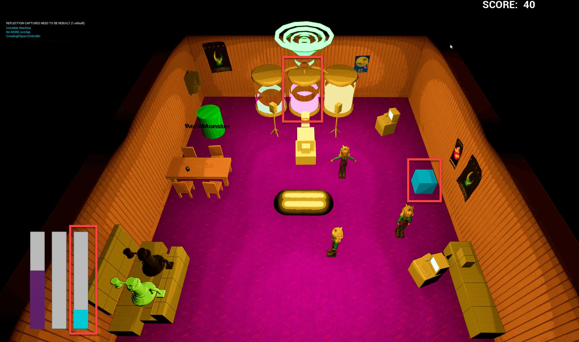 Un des premiers builds jouables (12 mars). Les monstres étaient dans des tubes de gelée, personne ne comprenait ce que c'était. On les a remplacés par des portails d'où les monstres sortent graduellement.