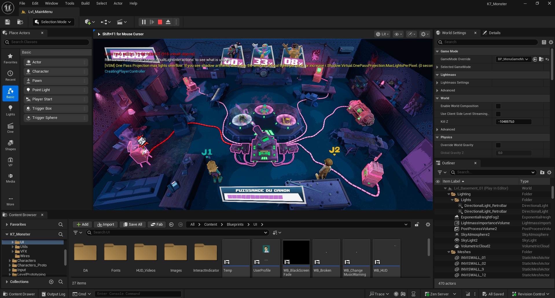 Le niveau principal dans l'éditeur Unreal Engine, en plein Play-In-Editor